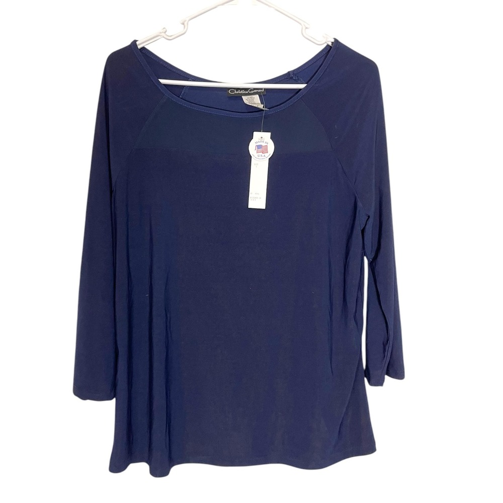 Christine Gerard Large Navy Blue Mesh Panel Top 3/4 Sleeve RM615711 Minimalist